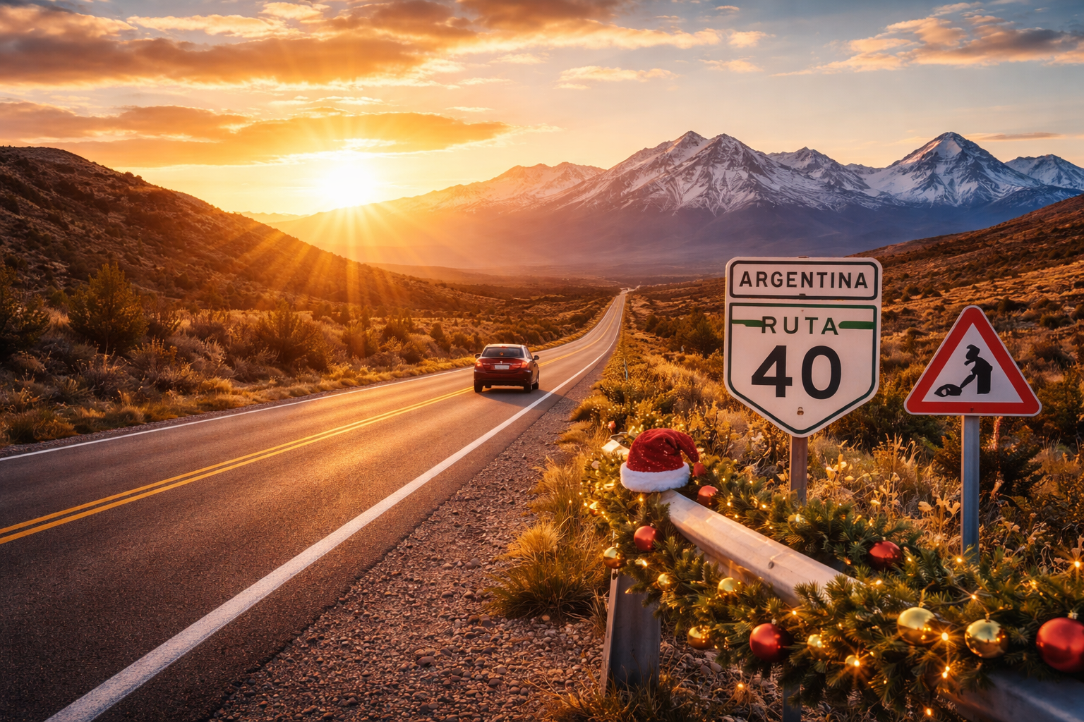 Ruta argentina al atardecer. Seguridad vial en Neuquén, durante Navidad y Año Nuevo